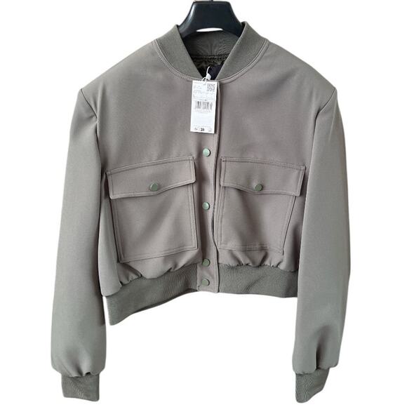 Mango Khaki Bomber Jacket with Shoulder Pads, L - Picture 2 of 11